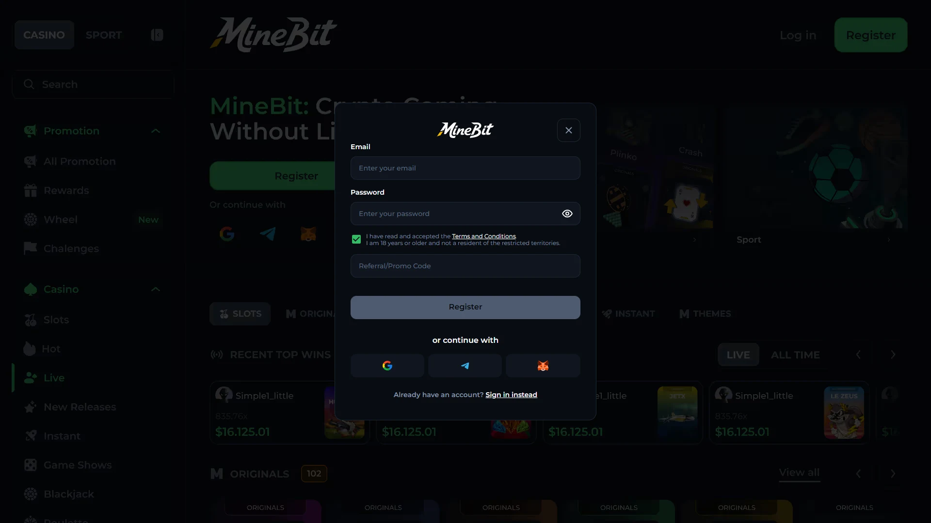 Signing up at Minebit
